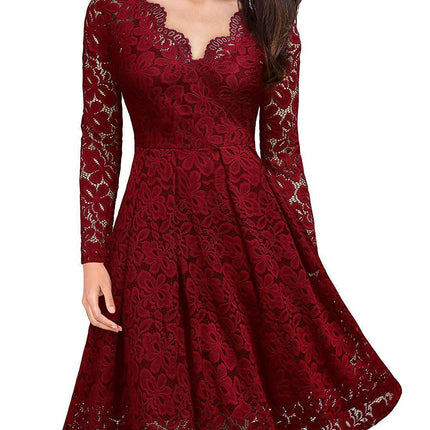 Women's Floral Lace Long Sleeve V Neck Cocktail Formal Swing Dress