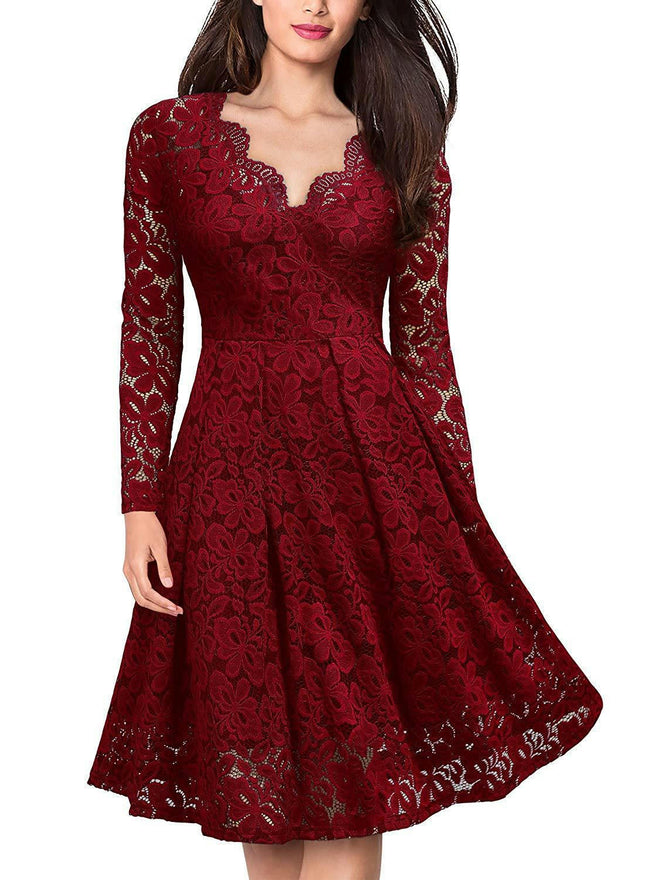 Women's Floral Lace Long Sleeve V Neck Cocktail Formal Swing Dress