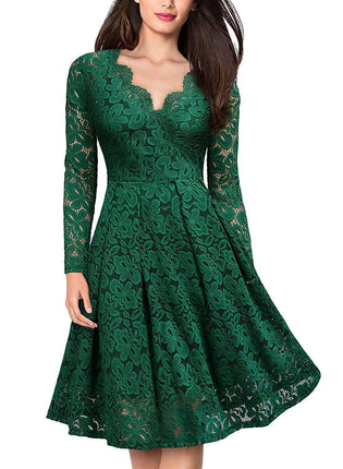 Women's Floral Lace Long Sleeve V Neck Cocktail Formal Swing Dress