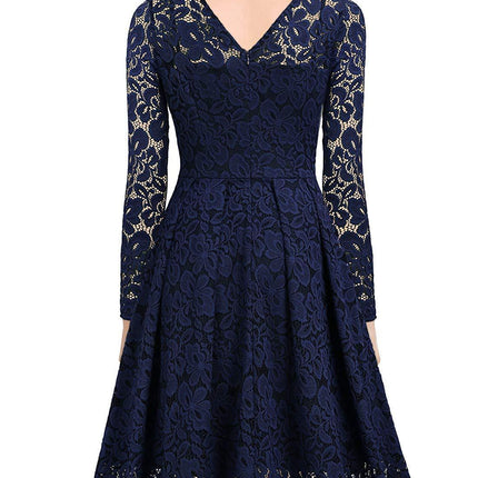 Women's Floral Lace Long Sleeve V Neck Cocktail Formal Swing Dress