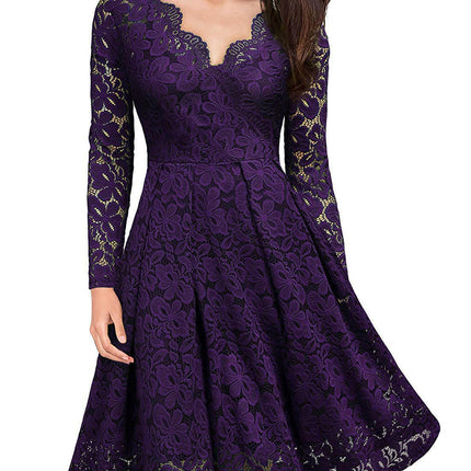 Women's Floral Lace Long Sleeve V Neck Cocktail Formal Swing Dress