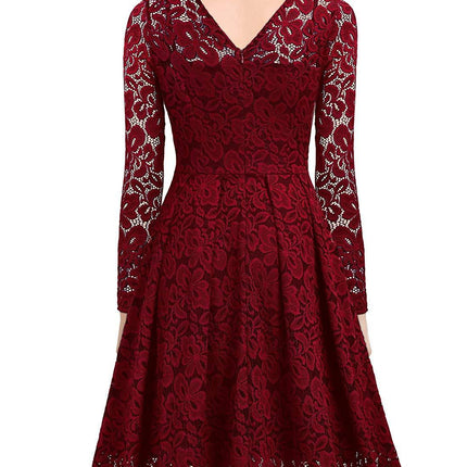 Women's Floral Lace Long Sleeve V Neck Cocktail Formal Swing Dress