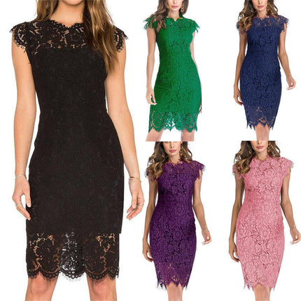 Women's Sleeveless Lace Floral Elegant Cocktail Dress Crew Neck Knee Length