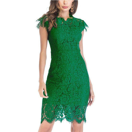 Women's Sleeveless Lace Floral Elegant Cocktail Dress Crew Neck Knee Length