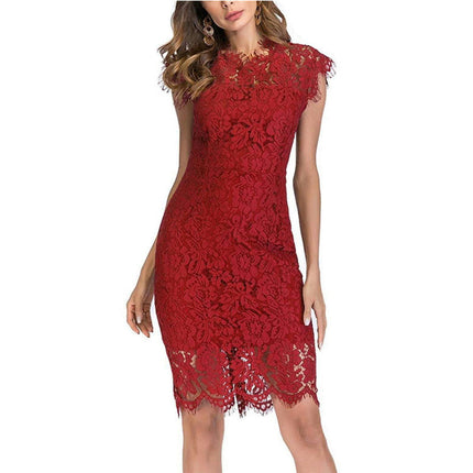 Women's Sleeveless Lace Floral Elegant Cocktail Dress Crew Neck Knee Length