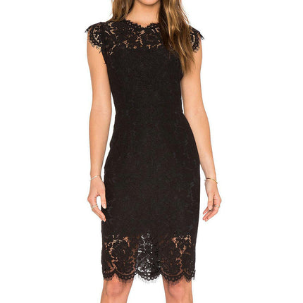 Women's Sleeveless Lace Floral Elegant Cocktail Dress Crew Neck Knee Length