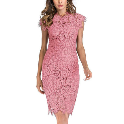 Women's Sleeveless Lace Floral Elegant Cocktail Dress Crew Neck Knee Length