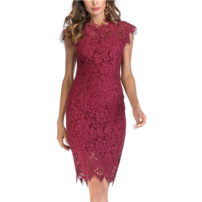 Women's Sleeveless Lace Floral Elegant Cocktail Dress Crew Neck Knee Length