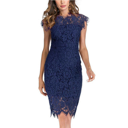 Women's Sleeveless Lace Floral Elegant Cocktail Dress Crew Neck Knee Length