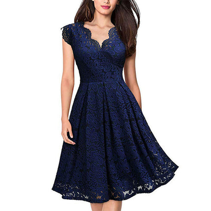 Women Sleeveless Lace Floral Elegant Cocktail Dress V Neck Knee Length Prom Dresses