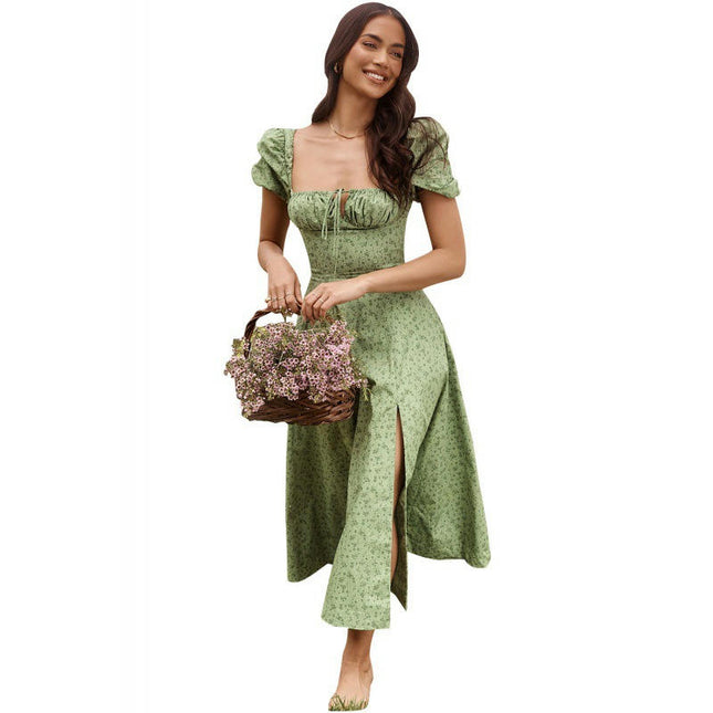 Women's Summer Puff Sleeve Floral Split Maxi Dress Flowy A Line Beach Long Dress