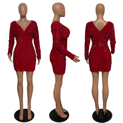 Women Sexy Sequin Dress Long Sleeve Wrap V Neck Bodycon Mini Dress