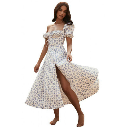 Women's Summer Puff Sleeve Floral Split Maxi Dress Flowy A Line Beach Long Dress