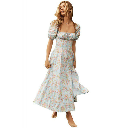 Women's Summer Puff Sleeve Floral Split Maxi Dress Flowy A Line Beach Long Dress