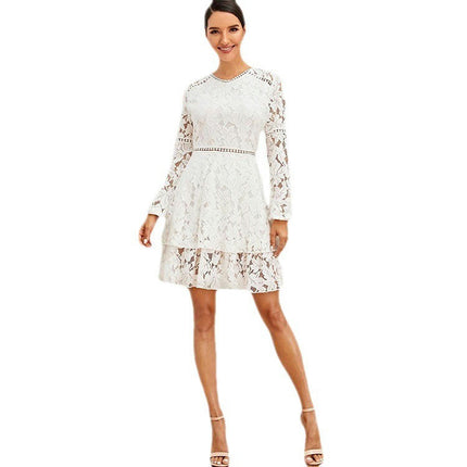 Women's Floral Lace Long Sleeve Round Neck Swing Dress