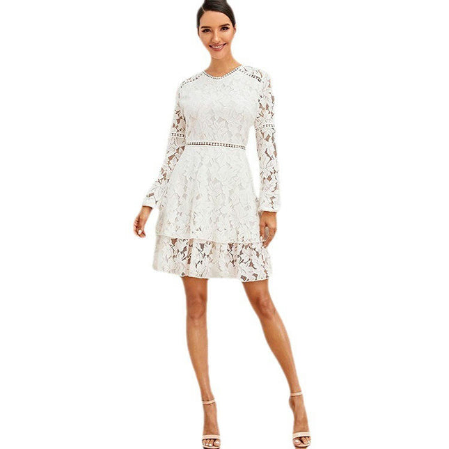 Women's Floral Lace Long Sleeve Round Neck Swing Dress