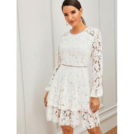 Women's Floral Lace Long Sleeve Round Neck Swing Dress