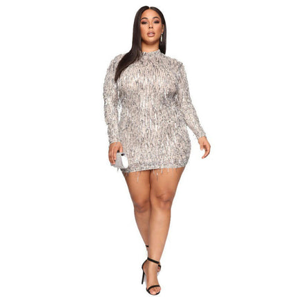 Women's Sequins Bodycon Mini Dress Long Sleeve Fringe Dresses