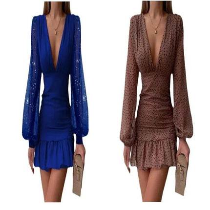 Women's Bodycon Short Dress Long Sleeve V Neck Ruffle Mini Dresses