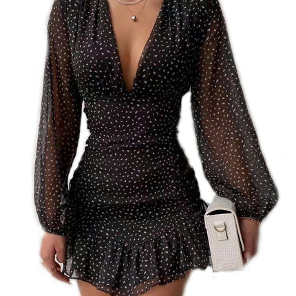 Women's Bodycon Short Dress Long Sleeve V Neck Ruffle Mini Dresses