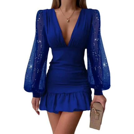 Women's Bodycon Short Dress Long Sleeve V Neck Ruffle Mini Dresses