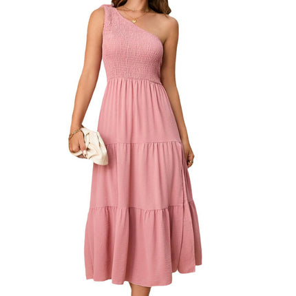 Women's Summer One Shoulder Sleeveless Midi Dress Split Tiered Flowy Dresses