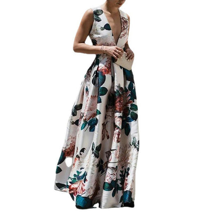 Women's Deep V-Neck Printed Maxi Dress Loose Sleeveless Summer Dresses