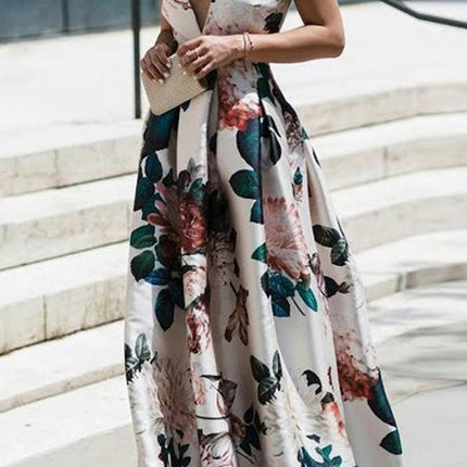 Women's Deep V-Neck Printed Maxi Dress Loose Sleeveless Summer Dresses