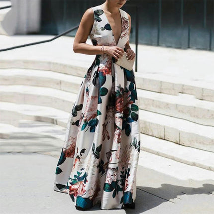 Women's Deep V-Neck Printed Maxi Dress Loose Sleeveless Summer Dresses