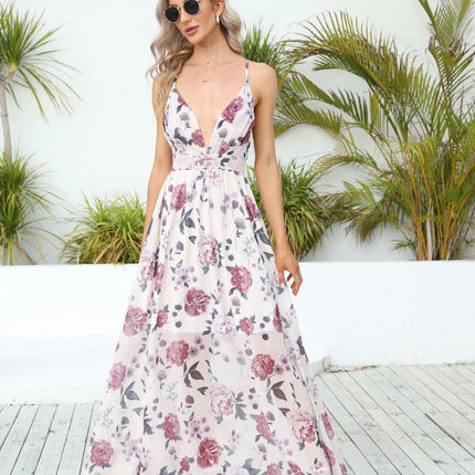 Women Deep V-Neck Print Spaghetti Strap Boho Long Maxi Dresses