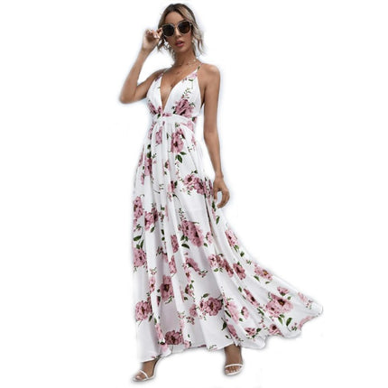 Women Deep V-Neck Print Spaghetti Strap Boho Long Maxi Dresses