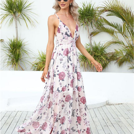 Women Deep V-Neck Print Spaghetti Strap Boho Long Maxi Dresses