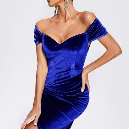 Women's Off The Shoulder Sleeveless Ruched Bodycon Slit Velvet Wrap Party Midi Dress