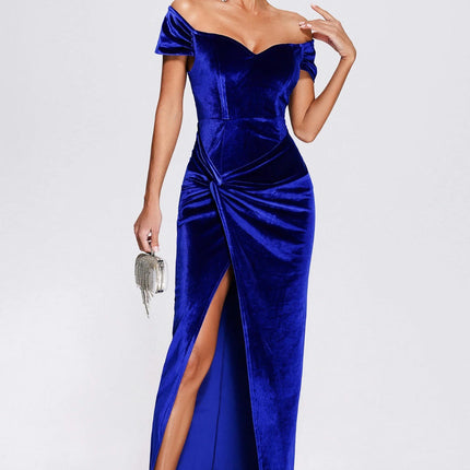 Women's Off The Shoulder Sleeveless Ruched Bodycon Slit Velvet Wrap Party Midi Dress