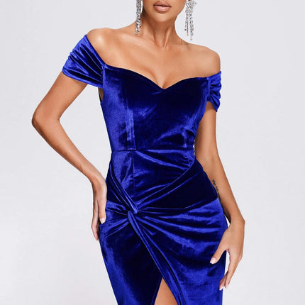 Women's Off The Shoulder Sleeveless Ruched Bodycon Slit Velvet Wrap Party Midi Dress