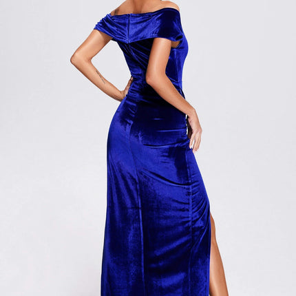 Women's Off The Shoulder Sleeveless Ruched Bodycon Slit Velvet Wrap Party Midi Dress