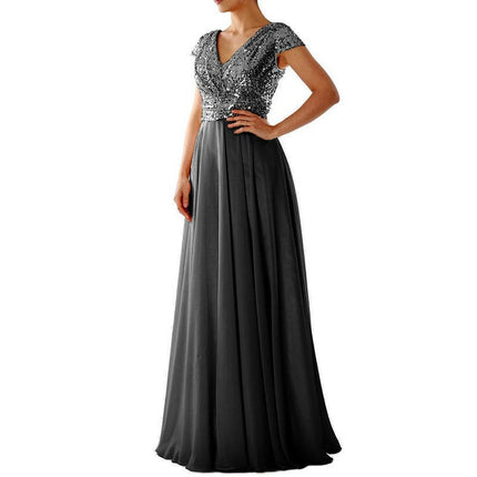 Women's Elegant V-Neck Short Sleeve Sequin Evening Party Dress