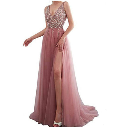 Women's Elegant Deep V-Neck Sleeveless Sequin Evening Party Dress