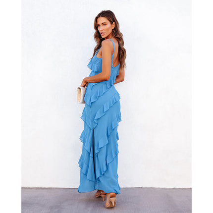 Women's Summer Straps Asymmetrical Ruffle Maxi Bodycon Dress