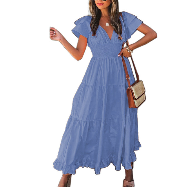 Women's Boho Dress V Neck Short Sleeve Ruffle Hem Flowy Maxi Dresses