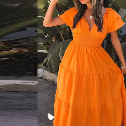 Women's Boho Dress V Neck Short Sleeve Ruffle Hem Flowy Maxi Dresses