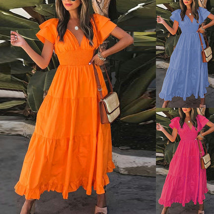 Women's Boho Dress V Neck Short Sleeve Ruffle Hem Flowy Maxi Dresses