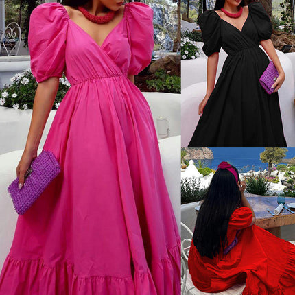 Women's V Neck Puff Sleeve Ruffle Hem Flowy Maxi Dress