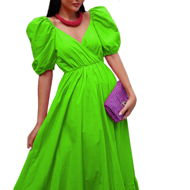 Women's V Neck Puff Sleeve Ruffle Hem Flowy Maxi Dress