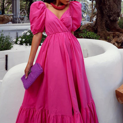 Women's V Neck Puff Sleeve Ruffle Hem Flowy Maxi Dress