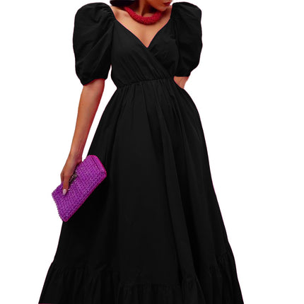 Women's V Neck Puff Sleeve Ruffle Hem Flowy Maxi Dress