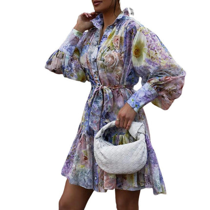 Women's Long Sleeves Button up Tie Waist Floral Chiffon Dress