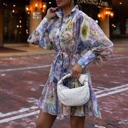 Women's Long Sleeves Button up Tie Waist Floral Chiffon Dress