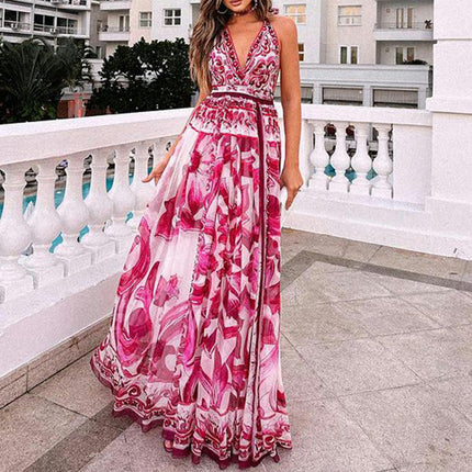 Women's V Neck Floral Dress Sleeveless Halter Neck Backless Maxi Dress