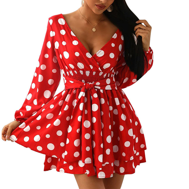 Women's Long Sleeve Tie Waist V Neck Ruffled Mini Dress